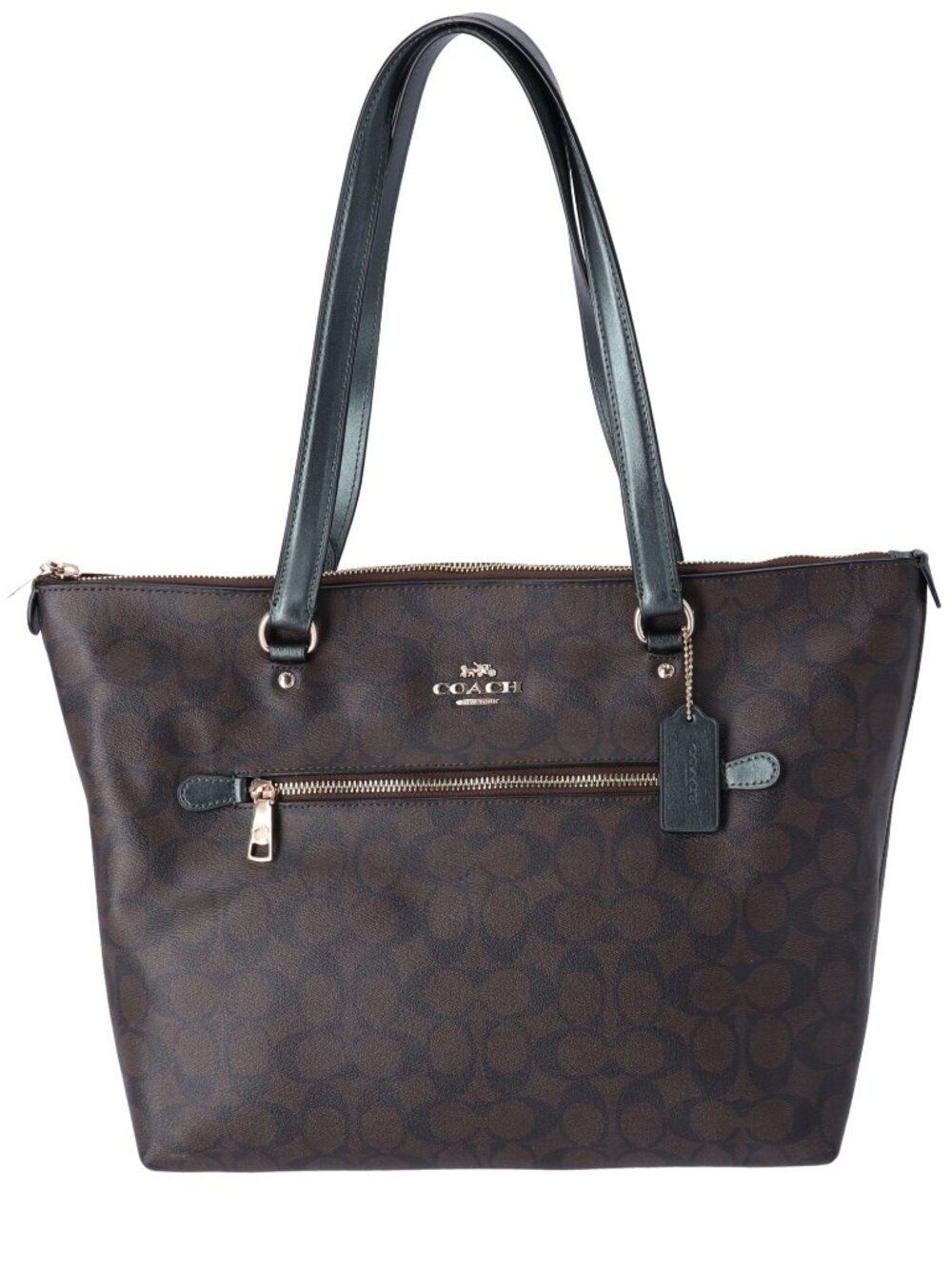 Coach Gallery Tote Coated Canvas Signature Brown Metallic Green